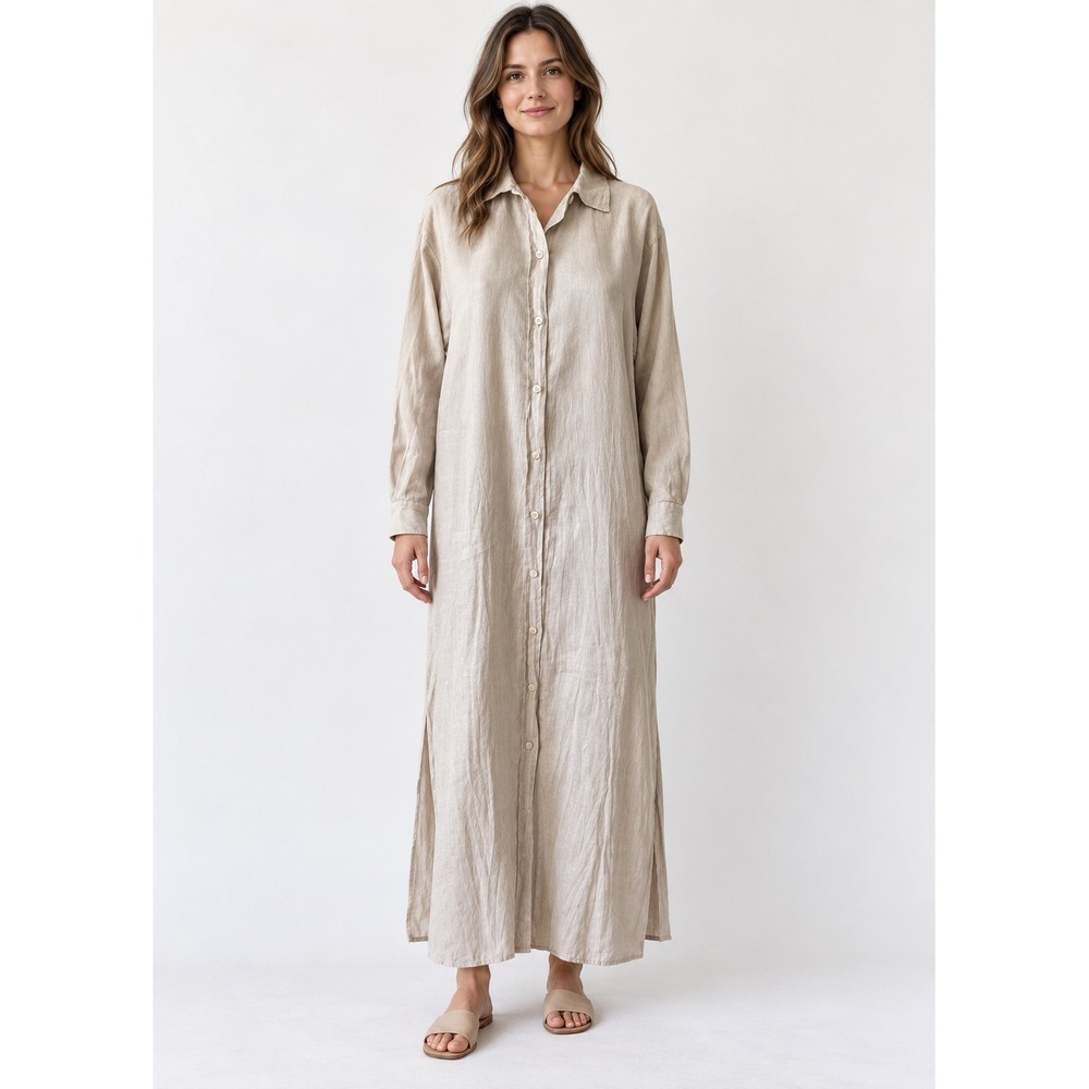 Ottod'Ame Maxi Shirt Dress 100% Linen Button Front Long Sleeve Cream size 8